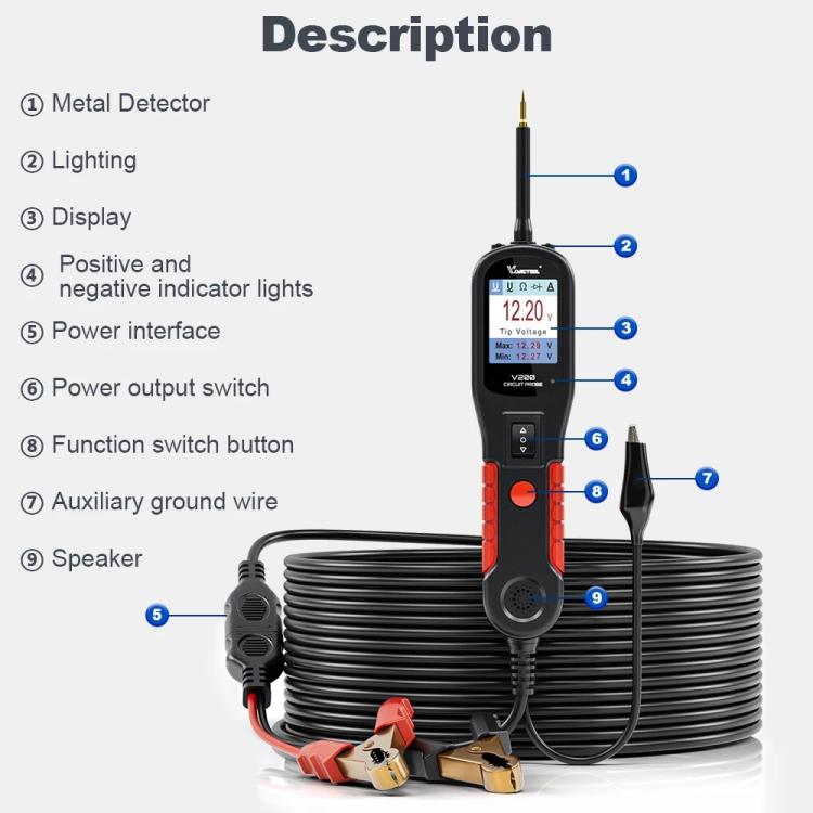 Automotive circuit tester front view with LCD screen, buttons, and coiled cable