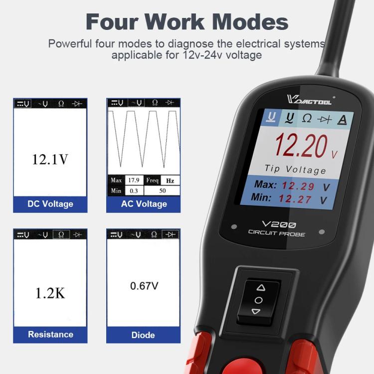 Handheld automotive circuit tester showing 12.20V on LCD screen and mode icons