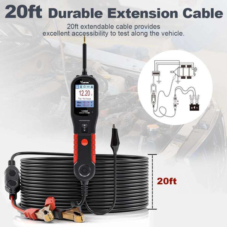 Automotive circuit tester with long coiled extension cable and red/black battery clamp leads