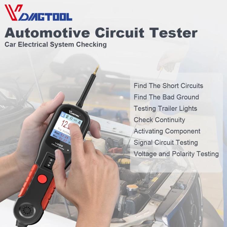 Handheld automotive circuit tester held in hand with coiled cable and probe tip