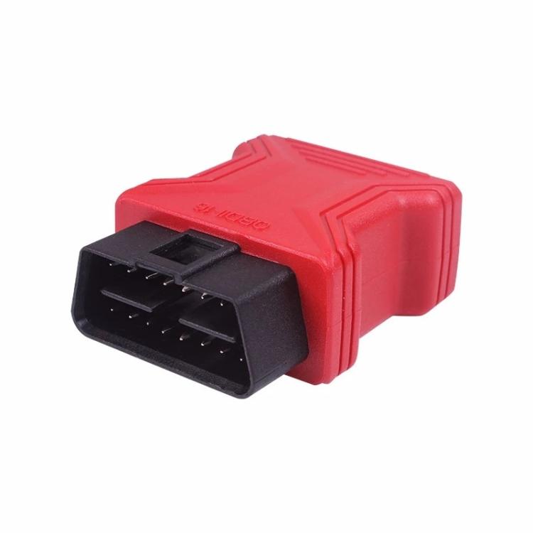 OBD-II 16-pin adapter with black 16-pin plug and red connector body