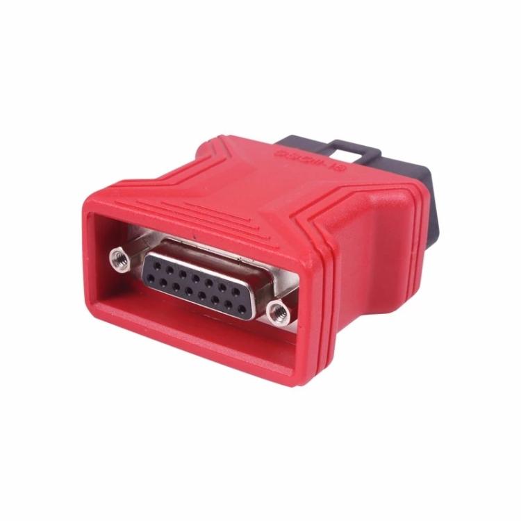 OBD-II 16-pin adapter showing metal 9-pin D-sub port with mounting screws