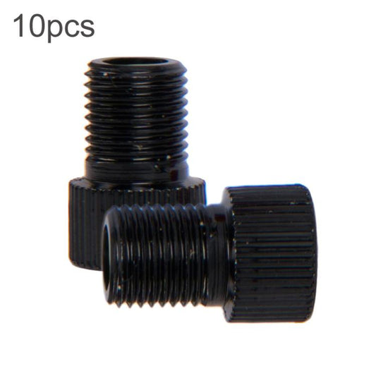 Black metal Presta-to-Schrader bicycle valve converter with ribbed threaded fittings