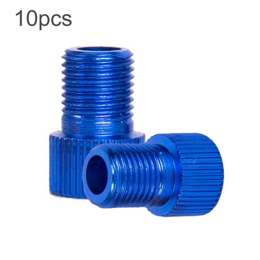 Blue metal Presta-to-Schrader bicycle valve converter with ribbed threaded fittings