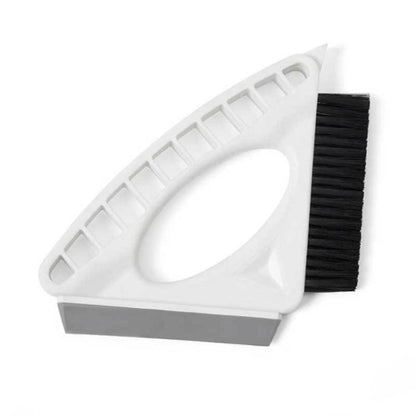 Triangular window cleaning tool with black bristle brush and scraper edge