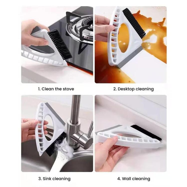 Multi-surface cleaning tool with white frame, black bristle brush, and scraper