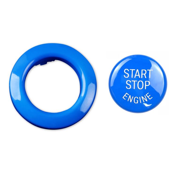Blue circular one-key start button cover with Start Stop Engine lettering