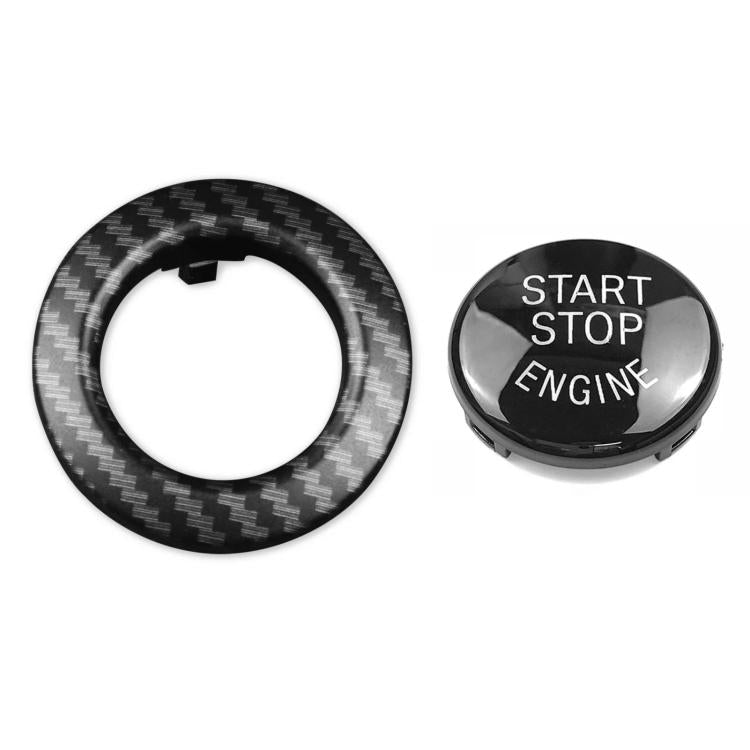 Carbon-fiber style start/stop engine button cover with Start Stop Engine text