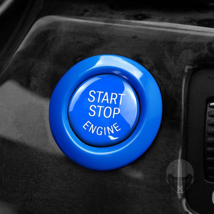 Installed blue start/stop engine button cover on dashboard