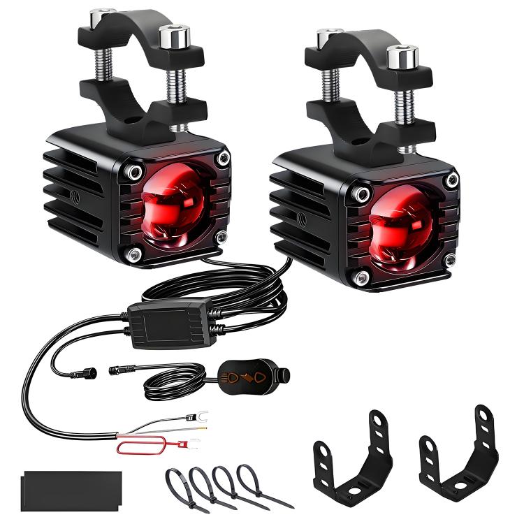 Black wired motorcycle demon eye spotlight with red glowing lens and mounting bracket kit