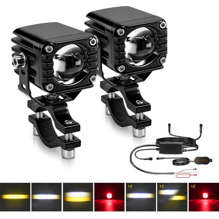 Pair of black motorcycle wired demon eye spotlights with chrome round lenses and brackets