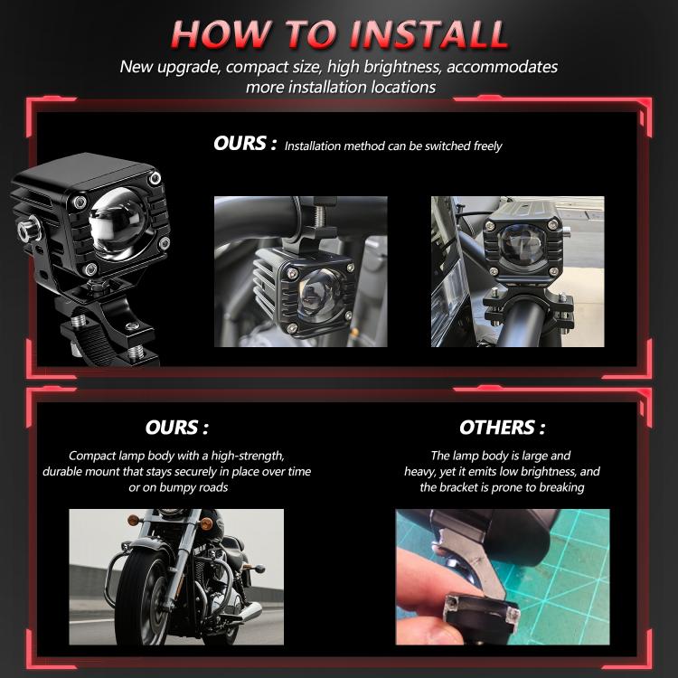 Waterproof motorcycle demon-eye spotlight with red light switch, compact wired unit