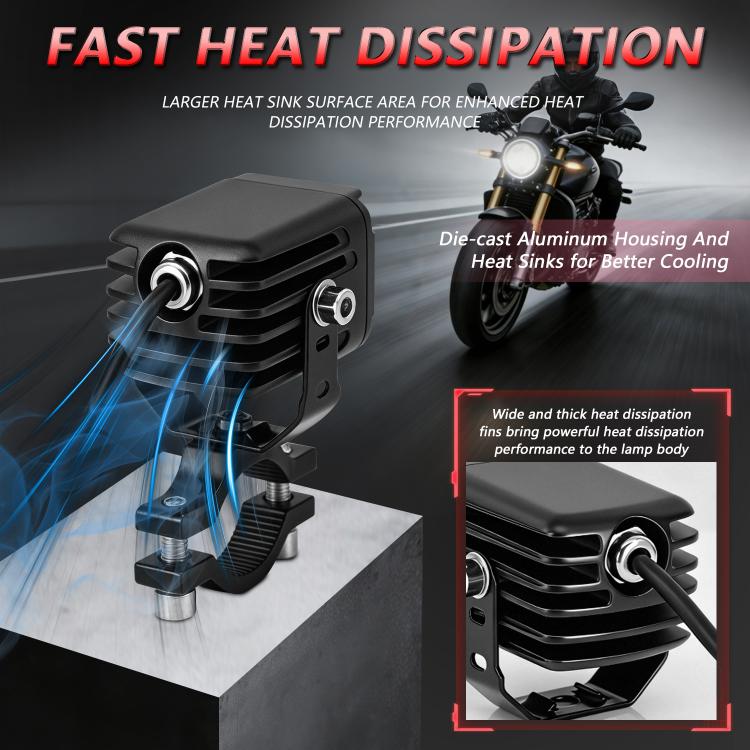 Motorcycle demon-eye spotlight with black die-cast aluminum heat-sink housing and cooling fins