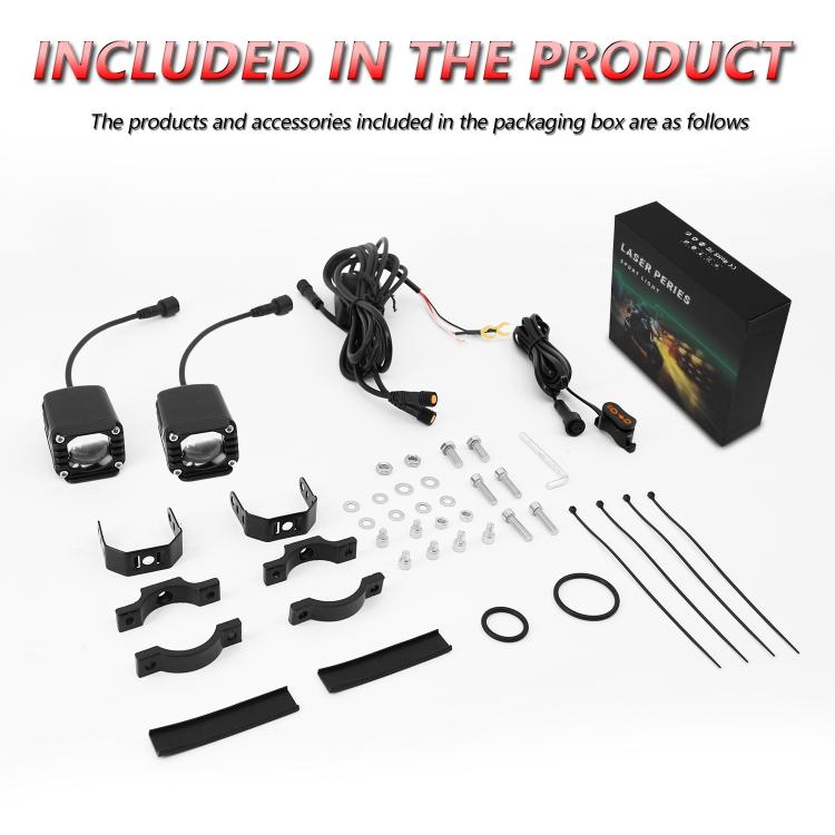 Motorcycle wired demon-eye spotlight kit with mounting brackets, screws, and cable set