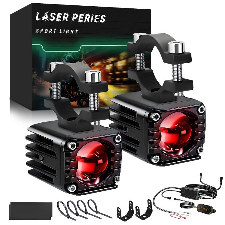 Pair of waterproof motorcycle demon-eye spotlights with red LEDs, black housing and wiring