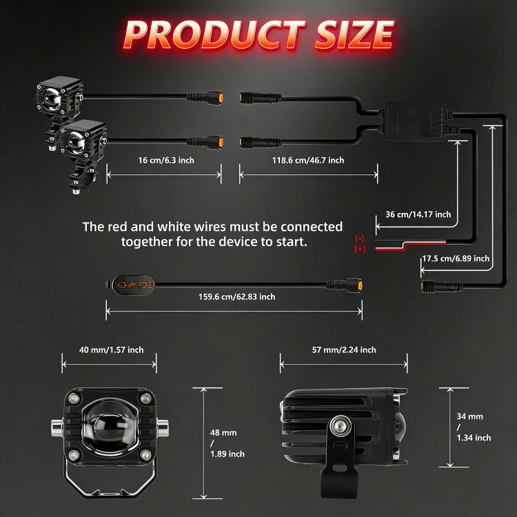 Wired motorcycle demon eye spotlight with front view and size dimensions diagram