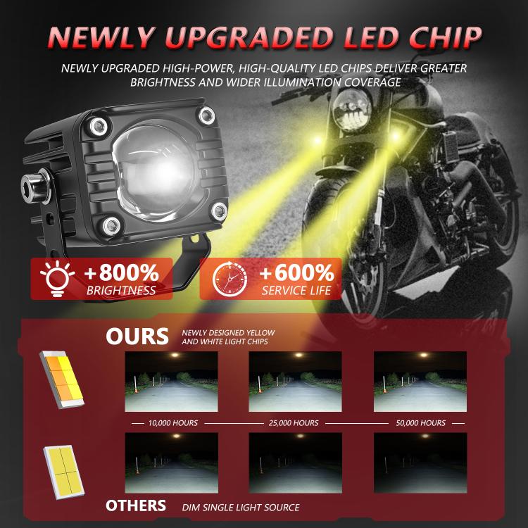 Black motorcycle demon eye spotlight with LED lens housing and bright yellow beam effect