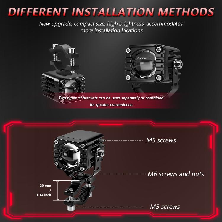 Compact black motorcycle demon eye spotlight with adjustable bracket mounts and screws