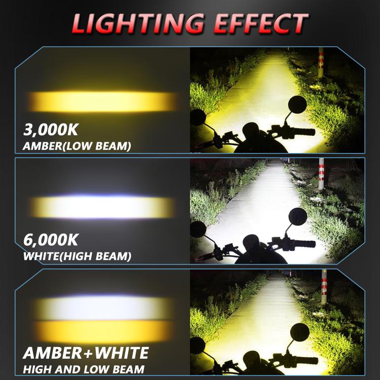 Motorcycle demon eye spotlight projecting yellow amber and white beam light patterns
