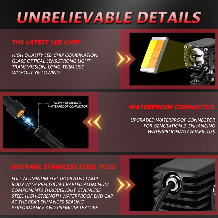 Motorcycle demon eye spotlight details: LED chip housing, waterproof connector, and plug