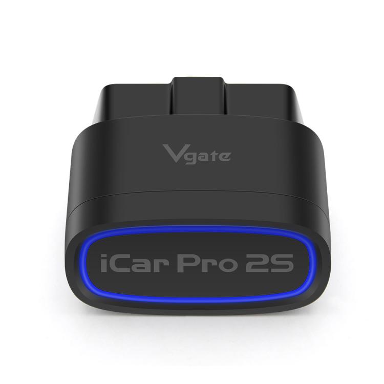 Black Bluetooth OBD2 diagnostic adapter with blue ring display and Vgate logo