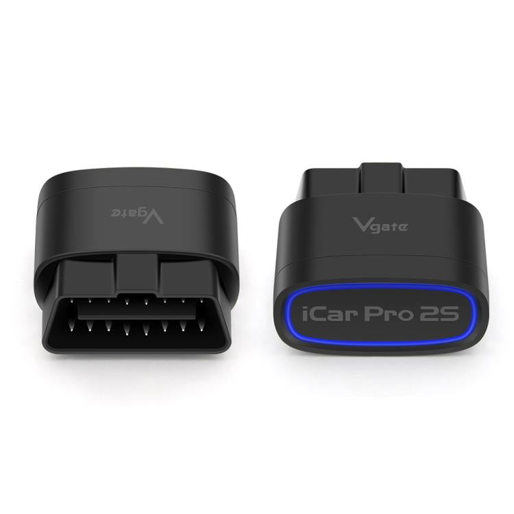 Black Bluetooth OBD2 diagnostic adapter showing front and OBD connector port