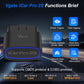 Black Bluetooth OBD2 diagnostic adapter with blue LED ring and feature icons