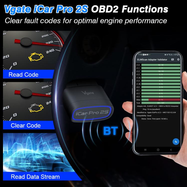 Black Bluetooth OBD2 diagnostic adapter held near dashboard with blue LED ring