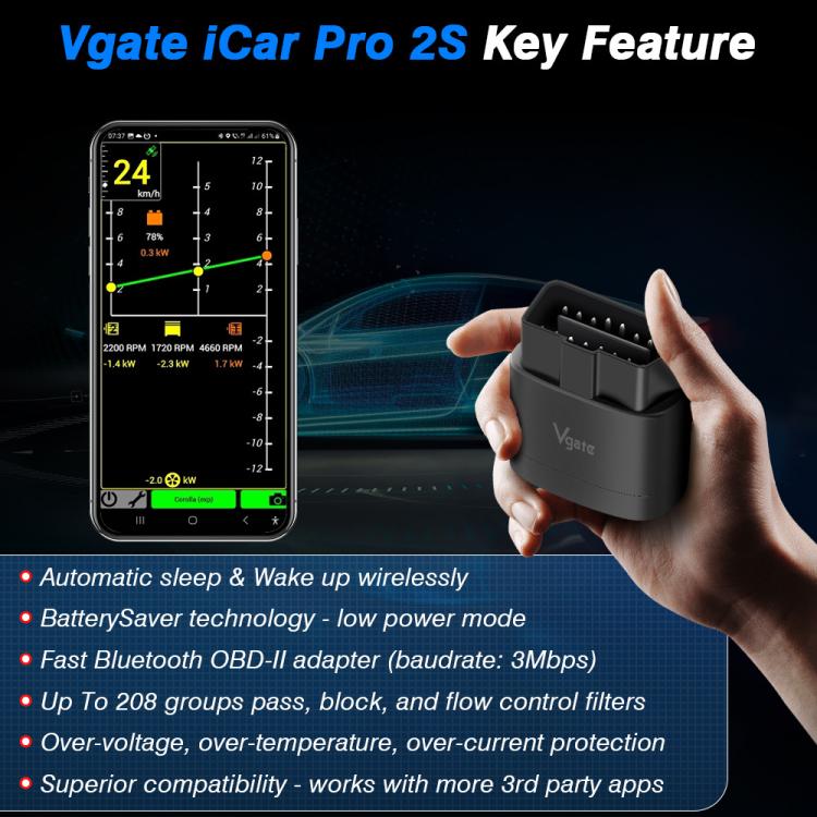 Black Bluetooth OBD2 diagnostic adapter in hand with multiple indicator graphics