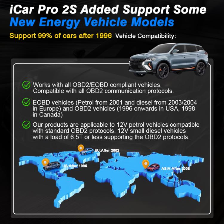 Black Bluetooth OBD2 diagnostic adapter shown with vehicle-compatibility graphic