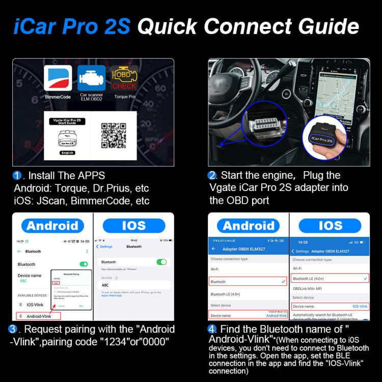 Black Bluetooth OBD2 diagnostic adapter connected near OBD port in car interior
