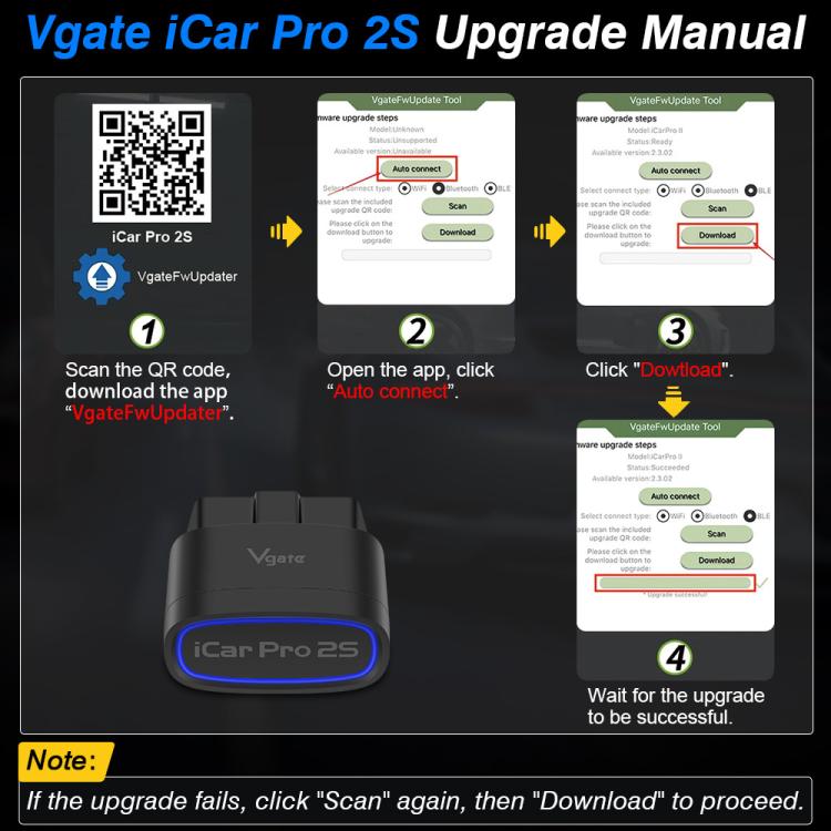 Black Bluetooth OBD2 diagnostic adapter with blue LED ring in upgrade steps diagram