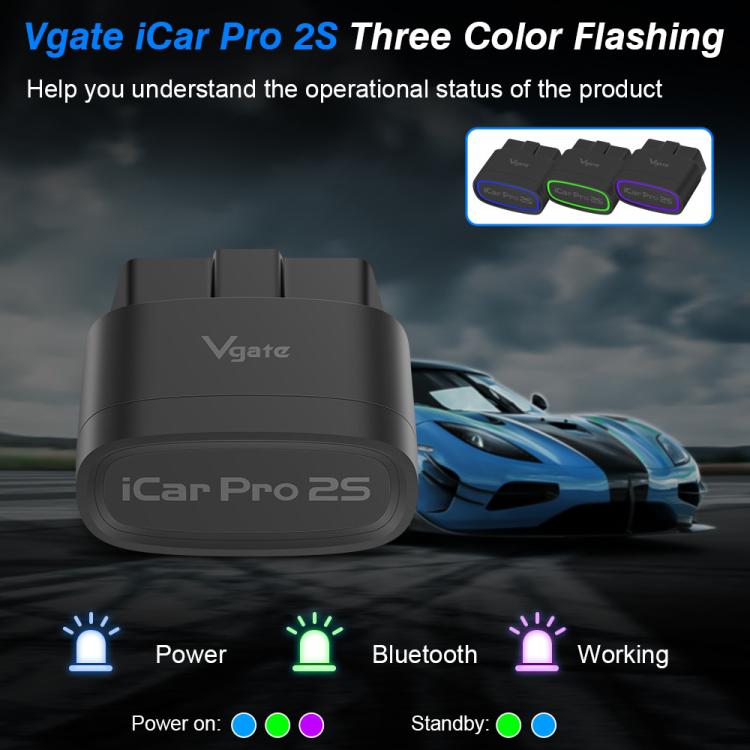 Black Bluetooth OBD2 diagnostic adapter with blue ring showing power and Bluetooth status