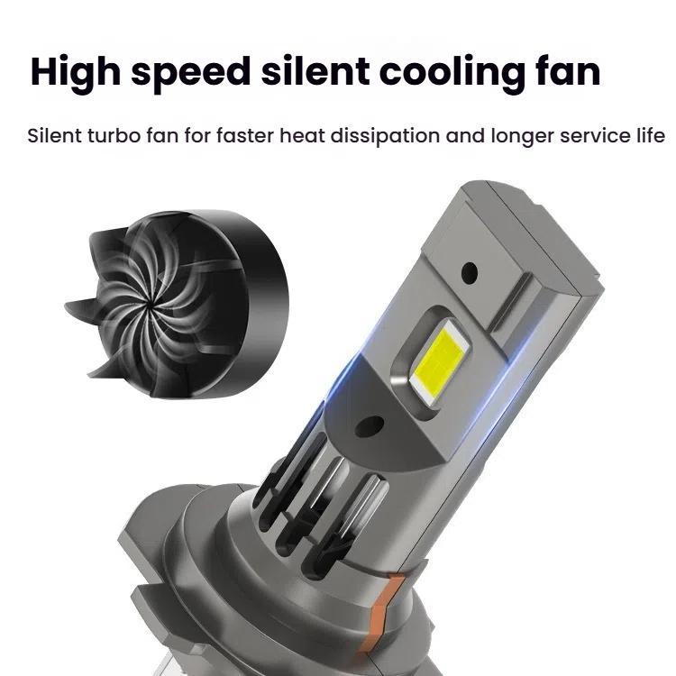 Mini LED car headlight bulb with high-speed cooling fan and yellow LED window