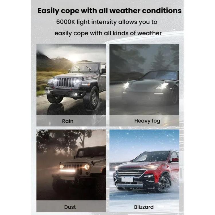 LED headlight beams visible in rain, fog, dust, and snow weather scenes