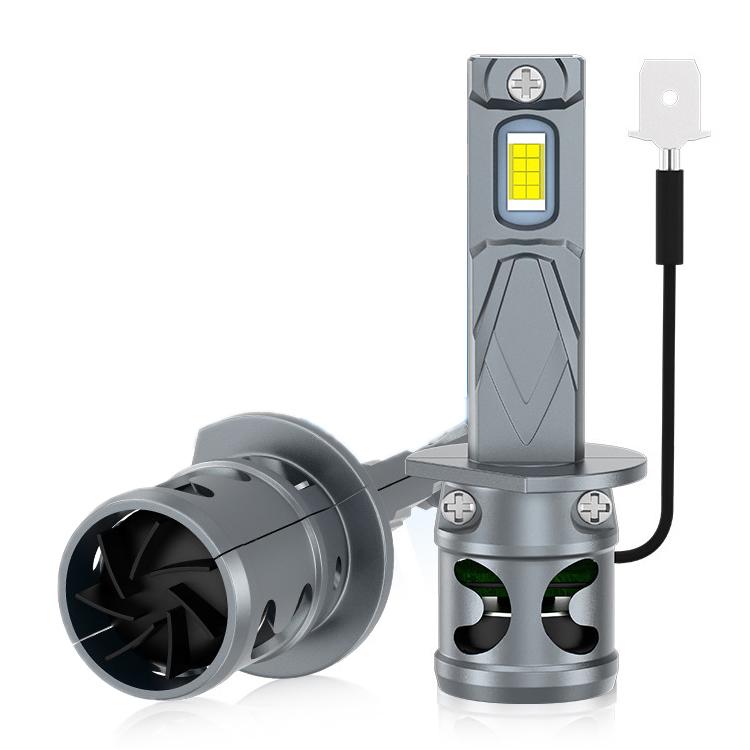 Mini LED car headlight bulbs with fan cooling, plug-in design, silver housing