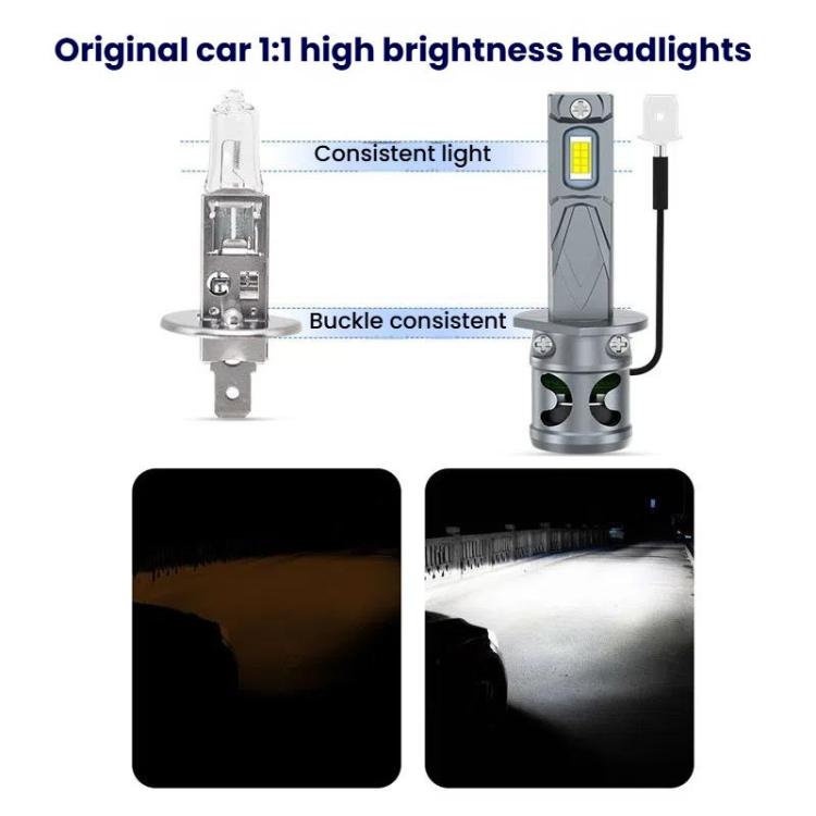 Mini LED car headlight bulbs with fan cooling, front LED chips and light beam views