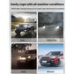 Mini LED car headlight bulbs showing light output in rain, heavy fog, dust, and blizzard