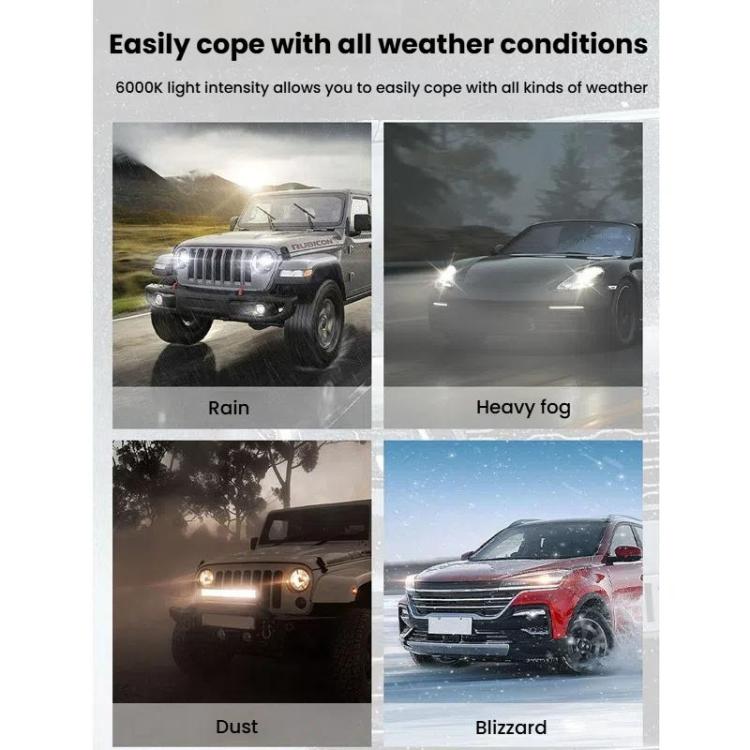 Mini LED car headlight bulbs showing light output in rain, heavy fog, dust, and blizzard