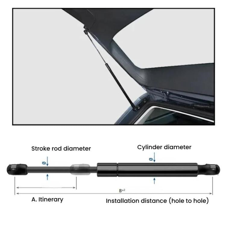 Trunk gas spring strut dimension diagram showing rod and cylinder diameter measurements