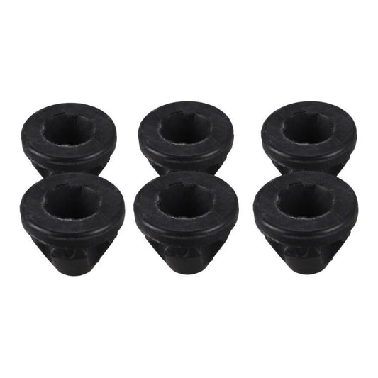 Six black cone-shaped rubber hood grommets with circular openings on top.