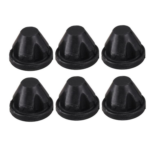 Set of six black rubber hood grommets with cone shape and central hole.