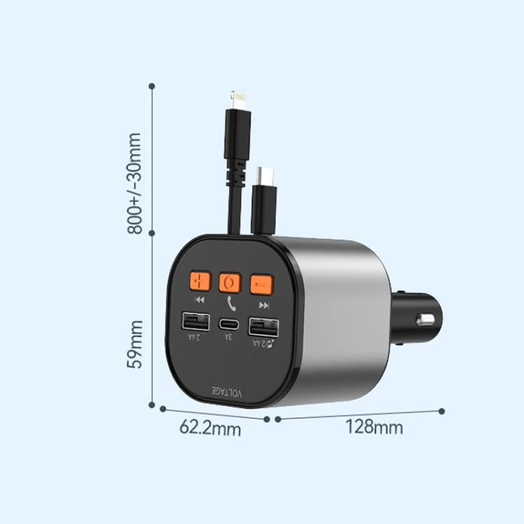 Car USB charger adapter with USB and cable connectors, shown with side plug prongs