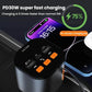 Black PD USB car fast charger with two USB ports, orange buttons, and LED display