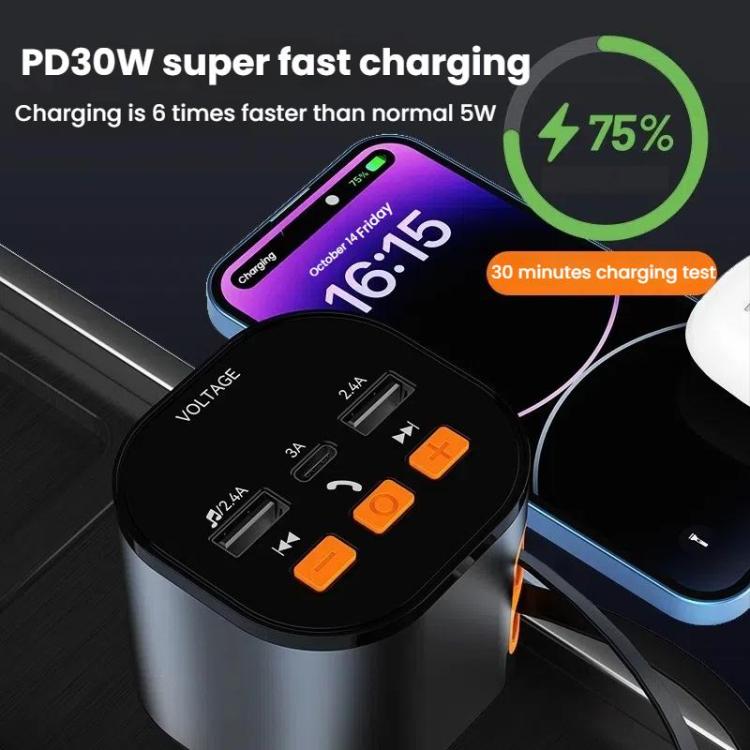 Black PD USB car fast charger with two USB ports, orange buttons, and LED display