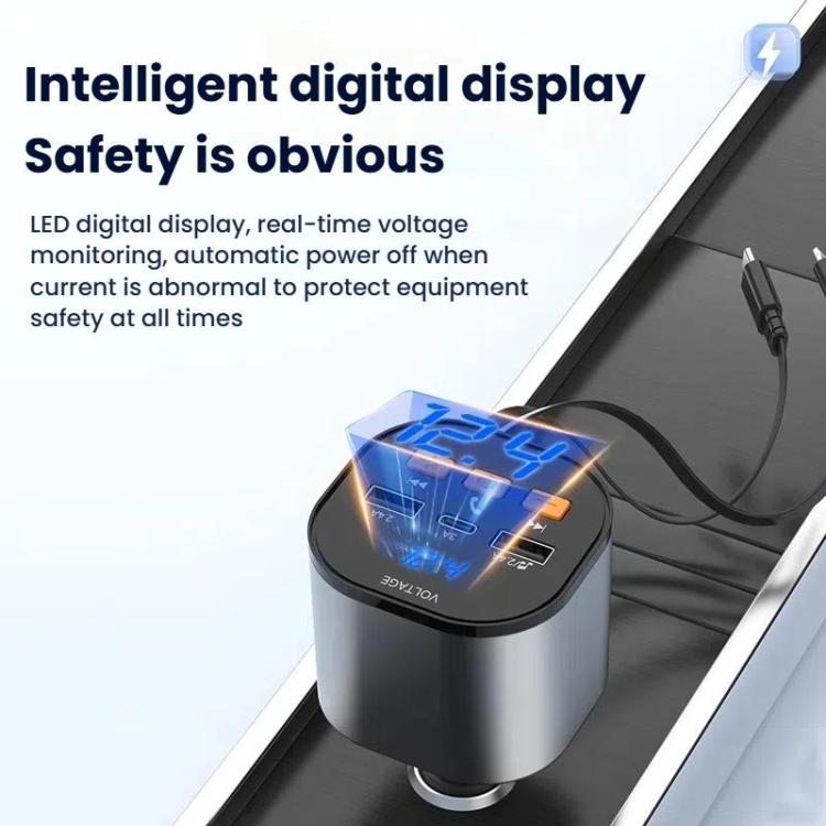 Car cigarette lighter charger with LED digital display and multiple charging ports