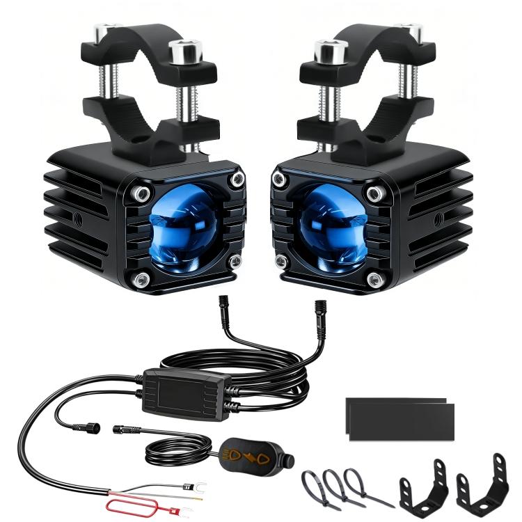 Motorcycle waterproof LED spotlight pair with blue demon-eye lens and wired switch set