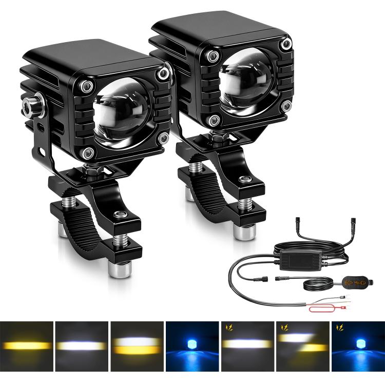 Motorcycle LED spotlight pair with black housings and silver reflective lenses