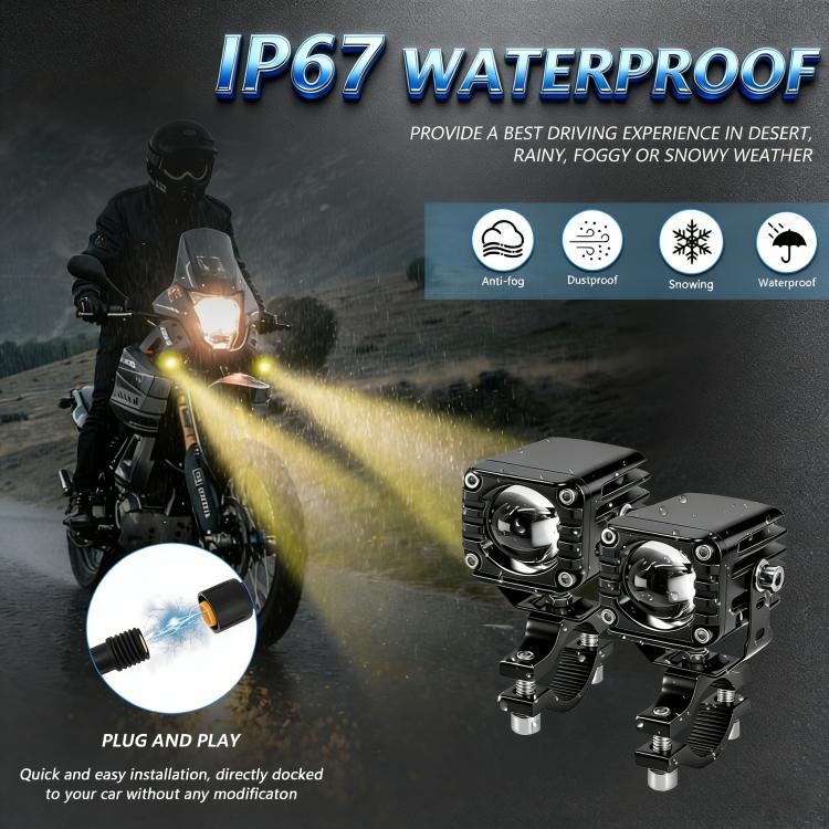 IP67 waterproof motorcycle LED spotlight pair with blue demon-eye lenses
