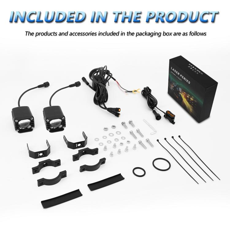 Motorcycle LED spotlight installation accessory set with brackets, screws, and wiring